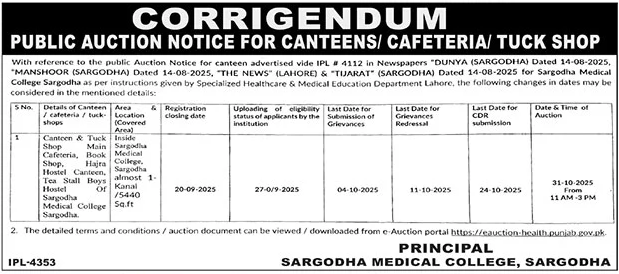 Sargodha Medical College Sargodha Tender Notice